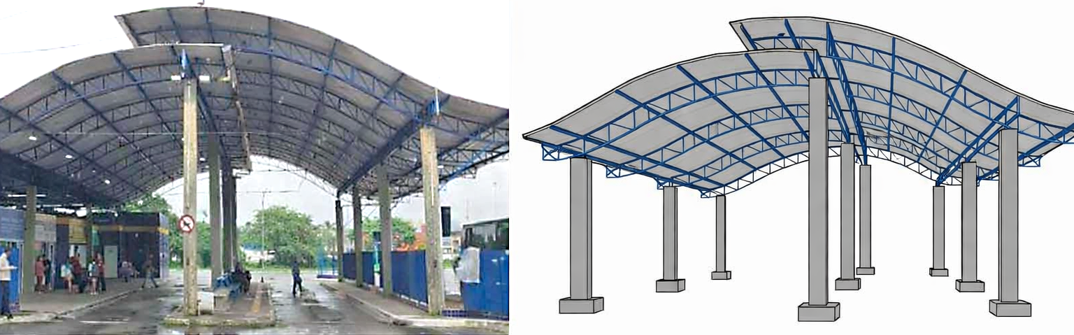 Vista geral da estrutura metálica analisada no estudo de caso, acompanhada de representação esquemática de sua configuração estrutural e sistema de cobertura.