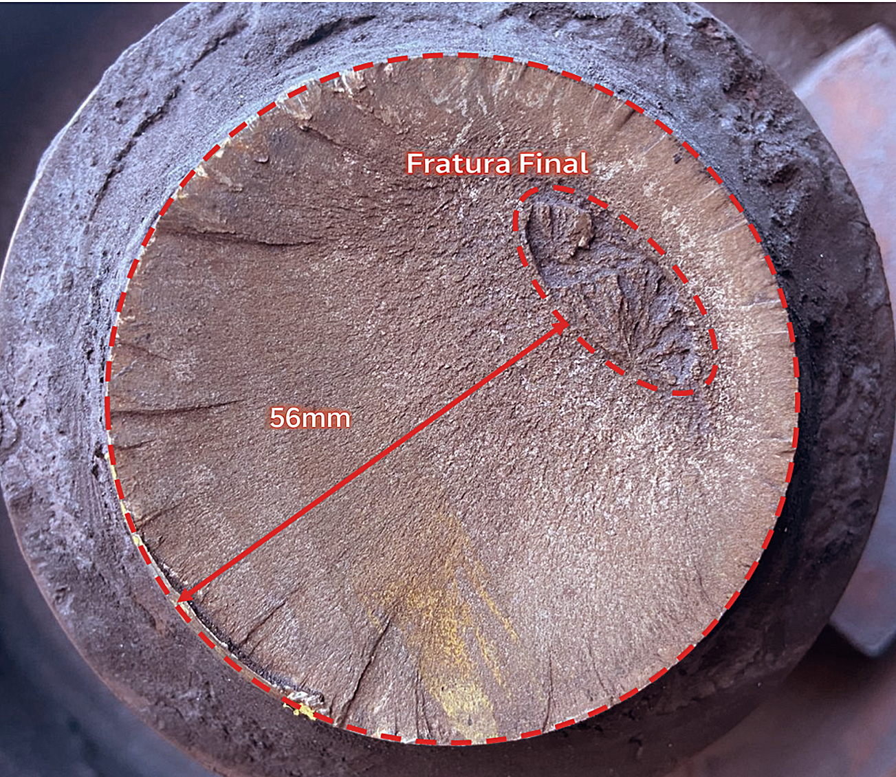 A Figura 4 apresenta a superfície de fratura do eixo do tambor de esticamento analisado, evidenciando características típicas de falha por fadiga seguida de fratura final por sobrecarga. Observa-se que a maior parte da seção transversal é ocupada por uma região de propagação estável de trincas de fadiga, delimitada pelo contorno tracejado, na qual são visíveis marcas com orientação aproximadamente radial, indicativas do crescimento progressivo da trinca sob carregamento cíclico de flexão. Essas feições sugerem múltiplos sítios de nucleação ao longo da periferia da seção, compatíveis com a presença de concentrações de tensão associadas a entalhes geométricos.  A região destacada como “Fratura Final” corresponde à área remanescente da seção resistente, na qual ocorreu a ruptura abrupta do eixo após a redução significativa da área efetiva devido à propagação das trincas de fadiga. O aspecto mais rugoso e irregular dessa região é compatível com um mecanismo de fratura instável, associado à incapacidade do material de suportar o carregamento aplicado quando atingida a condição crítica. A dimensão indicada de aproximadamente 56 mm representa a extensão máxima de propagação das trincas de fadiga antes da fratura final, valor empregado nas análises subsequentes de mecânica da fratura e resistência dos materiais.